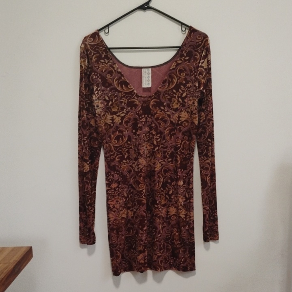 Free People | Brown + Purple Velvet Floral Long-Sleeve Mini Dress | M | Like New
